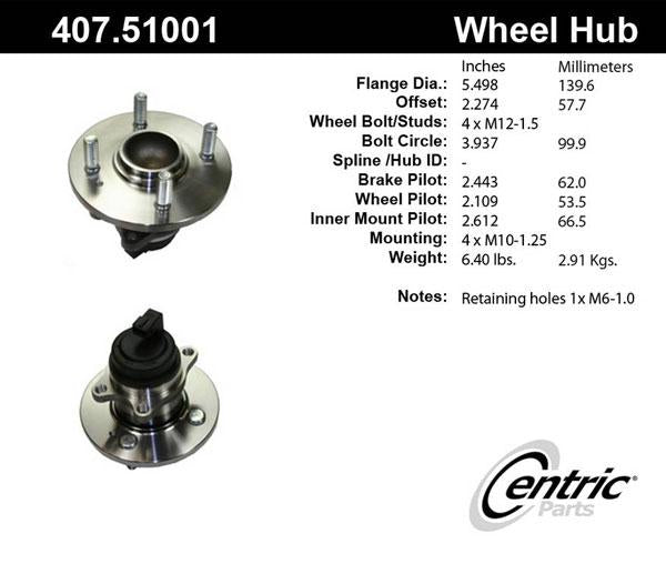 Wheel Hub Single W/ Bearing C-tek Series - Centric Parts 2006-2011 Accent 4 Cyl 1.6L