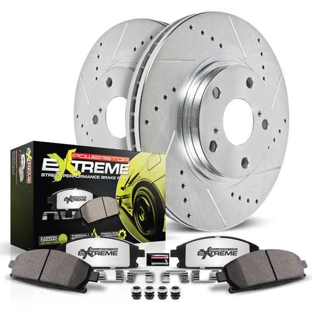 Brake Disc And Pad Kit Set Of 2 Cross-drilled And Slotted Z26 Street Warrior Carbon-fiber Ceramic - Powerstop 2013-2015 Veloster 4 Cyl 1.6L