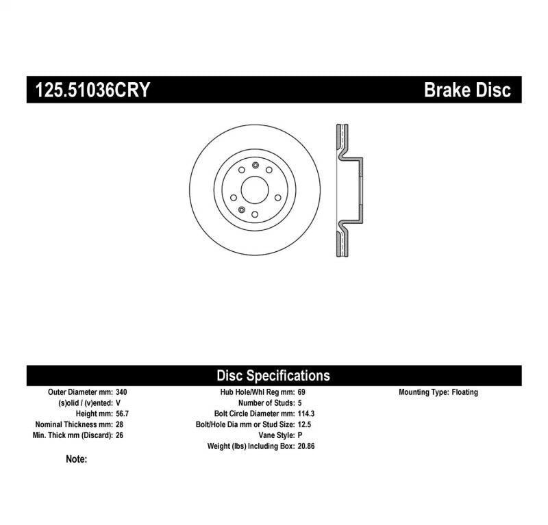 125.51036CRY StopTech Rotor Front 2010-16 Hyundai Genesis Coupe