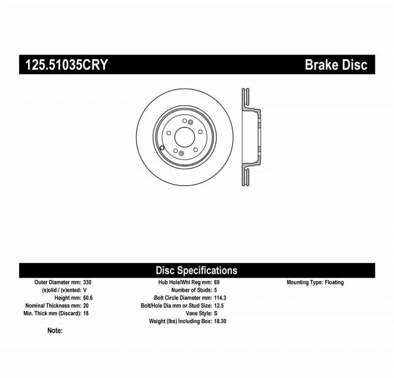 125.51035CRY StopTech Rotor Rear 2010-16 Hyundai Genesis Coupe