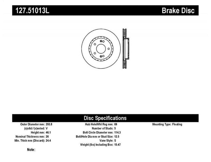 127.51013L StopTech Brake Rotor Front Left 2001-06 Hyundai Santa Fe