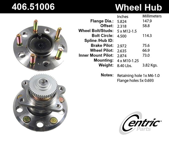 Wheel Hub Single C-tek Series - Centric Parts 2017-2018 Sonata 4 Cyl 1.6L